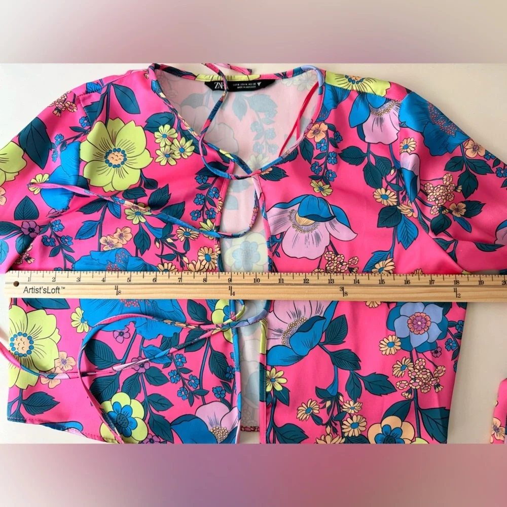 ZARA Satin Effect Floral Tie-Front Crop Top | Neon Pink Print